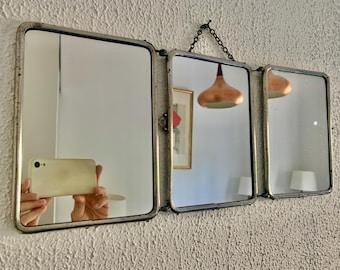 Vintage 1940s chocolate chrome barber triptych mirror - 21 x 49 cm