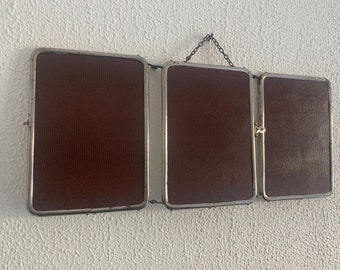 Espejo tríptico de barbero vintage cromado chocolate 1940 - 21 x 49 cm