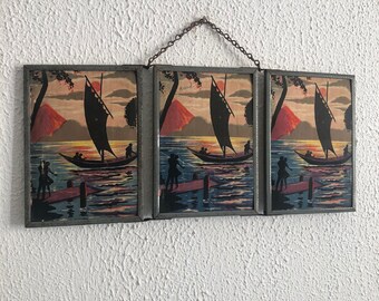 Vintage 1940s barber boat triptych mirror - 16 x 37