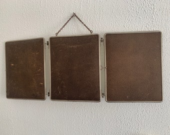 Vintage 1930s triptych barber mirror in brown shagreen - 30 x 77 cm