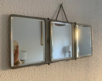 Vintage mirror 1930 oil beveled barber triptych - 21 x 51 cm