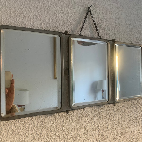 Miroir vintage 1930 triptyque barbier biseauté pétrole - 21 x 51 cm