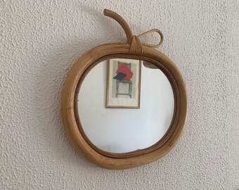 Miroir vintage 1960 pomme rotin osier bambou - 33 x 35 cm