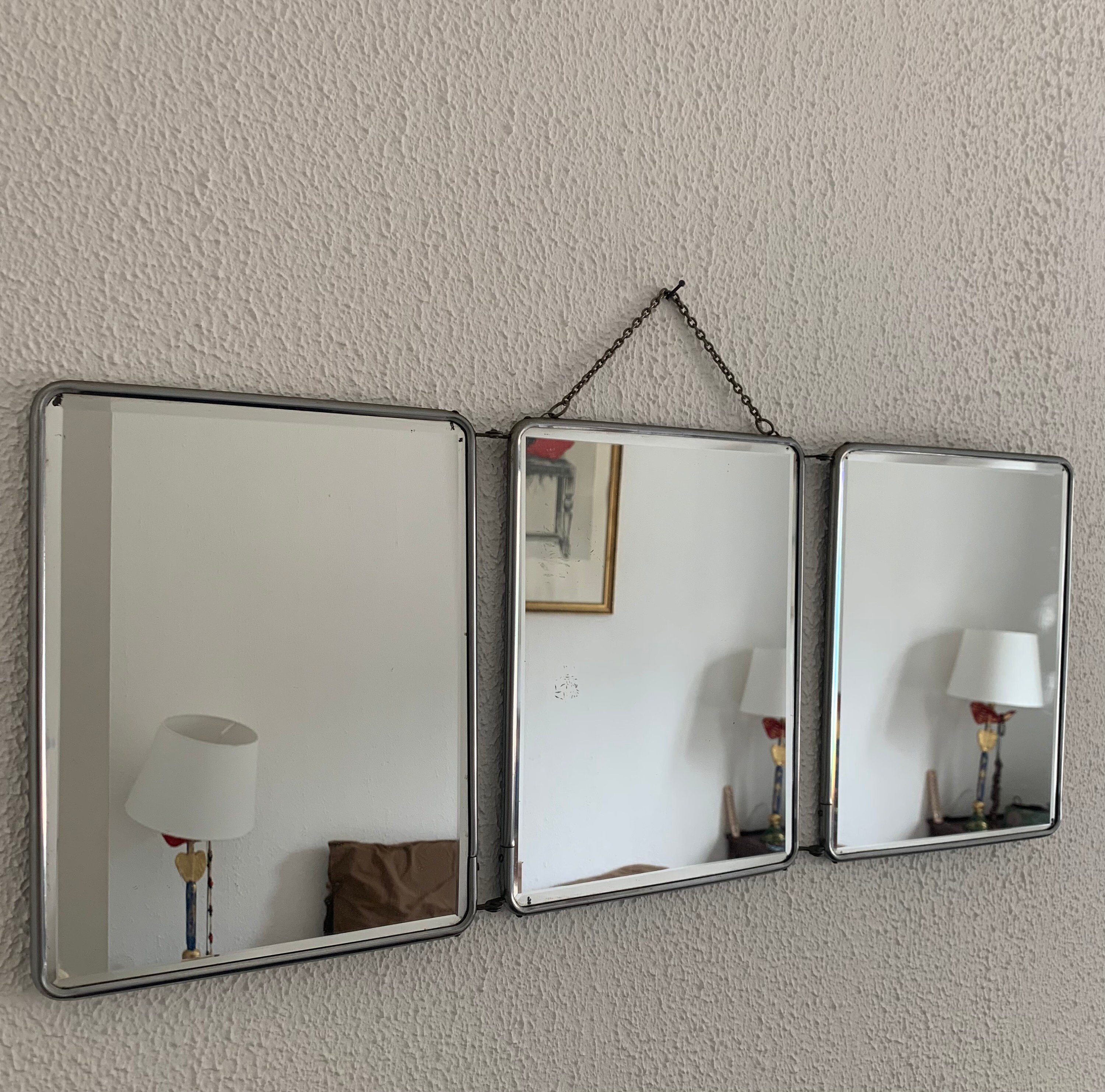 Miroir Vintage 1960 Triptyque Barbier Bleu Canard - 28 X 68 cm