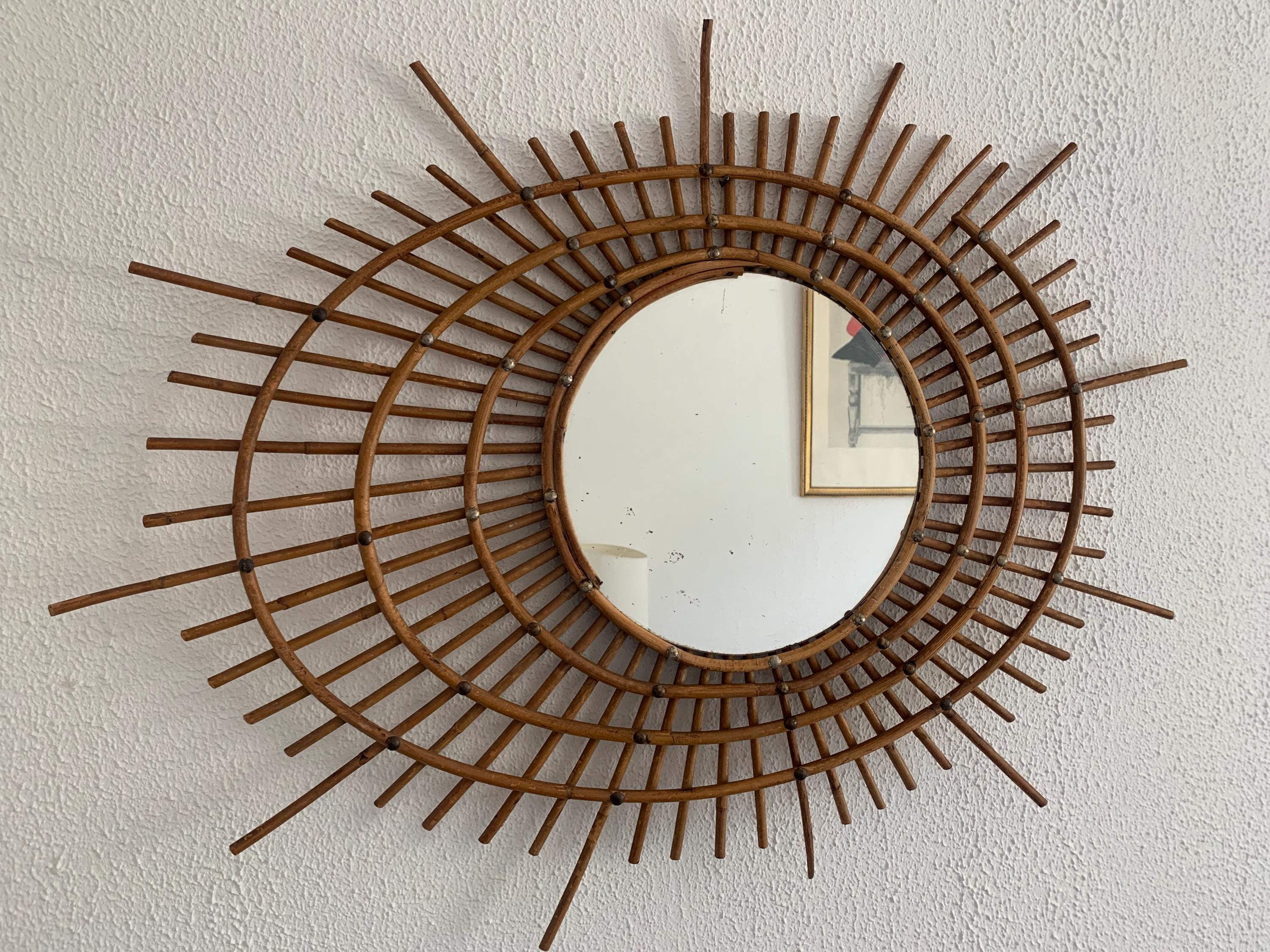 Vintage 1960s rattan sun mirror ORTF style spiral eye - 90 x 67 cm