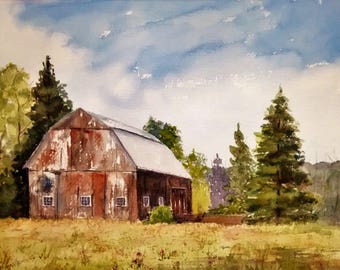 Weathered Barn Watercolor Print, Country Landscape Painting, Farmhouse Decor, Old Barn Painting, Giclee Print of Original