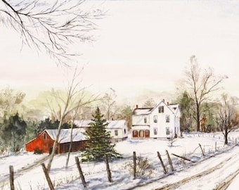 Farmhouse Winter Scene Watercolor Print, Giclee of Original Artwork, Farmhouse in the Snow, Holiday Wall Art, Christmas Gift, Farm in Winter