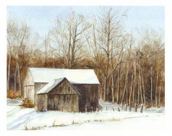 Winter Landscape Watercolor Print of Original Painting, Barn in Snow, Farmhouse Wall Art
