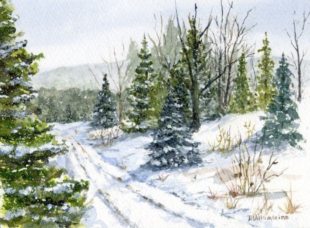 Snow Scene Watercolor Print of Original, Pine Trees in the Snow ...