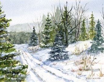 Pine Trees in Snow Original Watercolor, Winter Snow Scene, Small Painting with Mat, Christmas Art, Winter Landscape, Holiday Wall Art