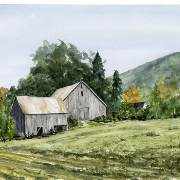 Old Barns, Watercolor Print, Rural Landscape, Farmhouse Wall Art, Housewarming Gift, New England Painting, Print of Original Painting