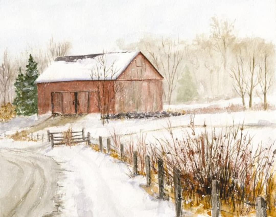 Snow Scene Watercolor Print of Original, Barn in the Snow, Winter ...
