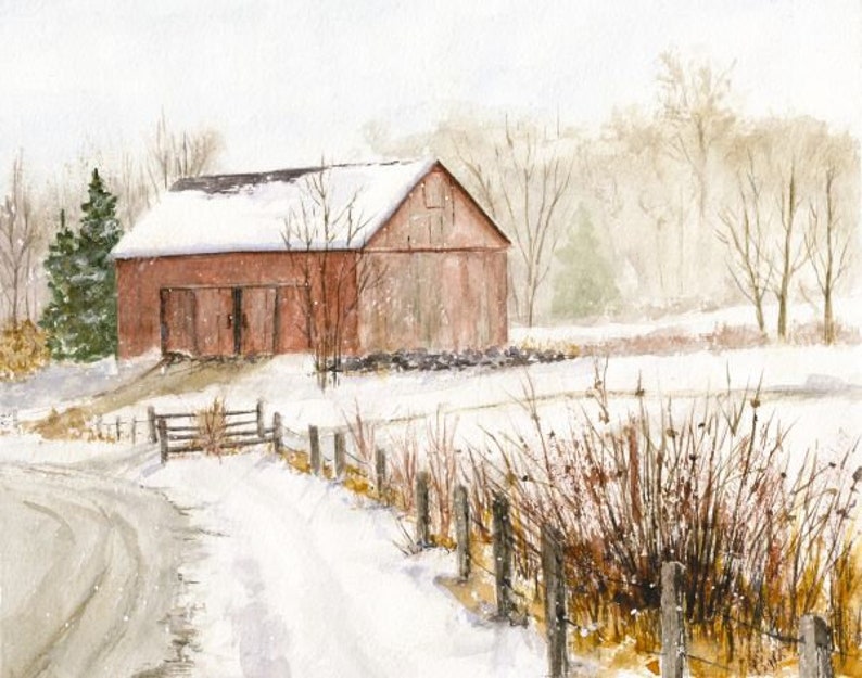 Snow Scene Watercolor Print of Original, Barn in the Snow, Winter ...