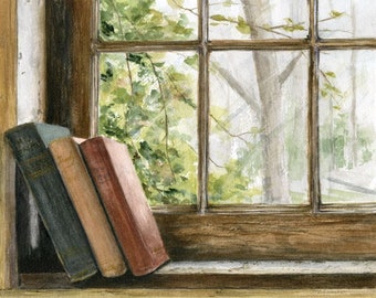 Books Watercolor, Old Books on a Window Sill, Giclee Print from Original, Wall Art, Housewarming Gift, Gift for Reader, Home Library Decor