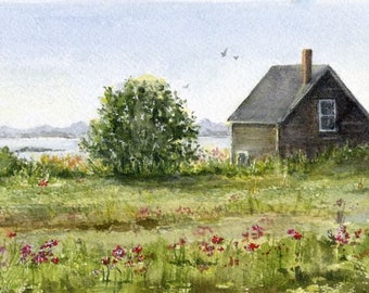 Cottage on Cape Cod, Watercolor Print, Print of Original Watercolor Painting, Mat Optional, House on the Water,  Early Morning on Cape Cod