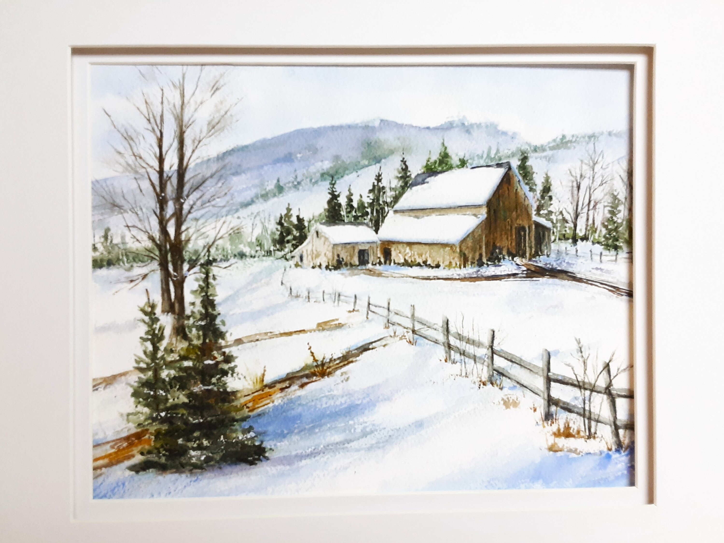 Farm Snow Scene, Watercolor Print, New England Winter Landscape ...