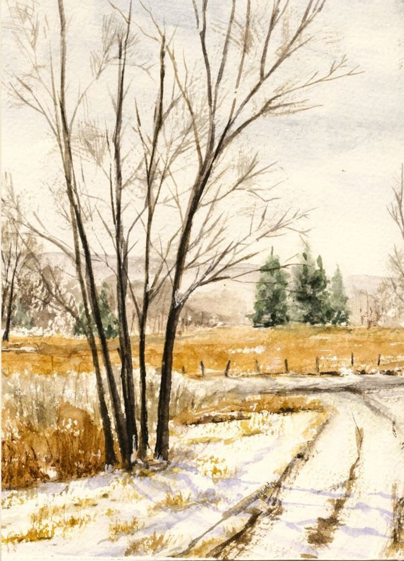 Winter Road Watercolor Print, Snow Scene on a Winter Day, Pine Trees ...
