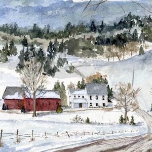 Winter Scene Watercolor Print, Original Artwork, Farmhouse in the Snow, Holiday Wall Art, Christmas Gift