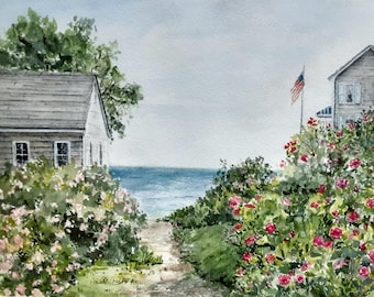 Cape Cod Watercolor Print, Housewarming Gift, Beach House Decor, Houses on Cape Cod, Watercolor Beach Scene, Beach Roses, Beach Painting