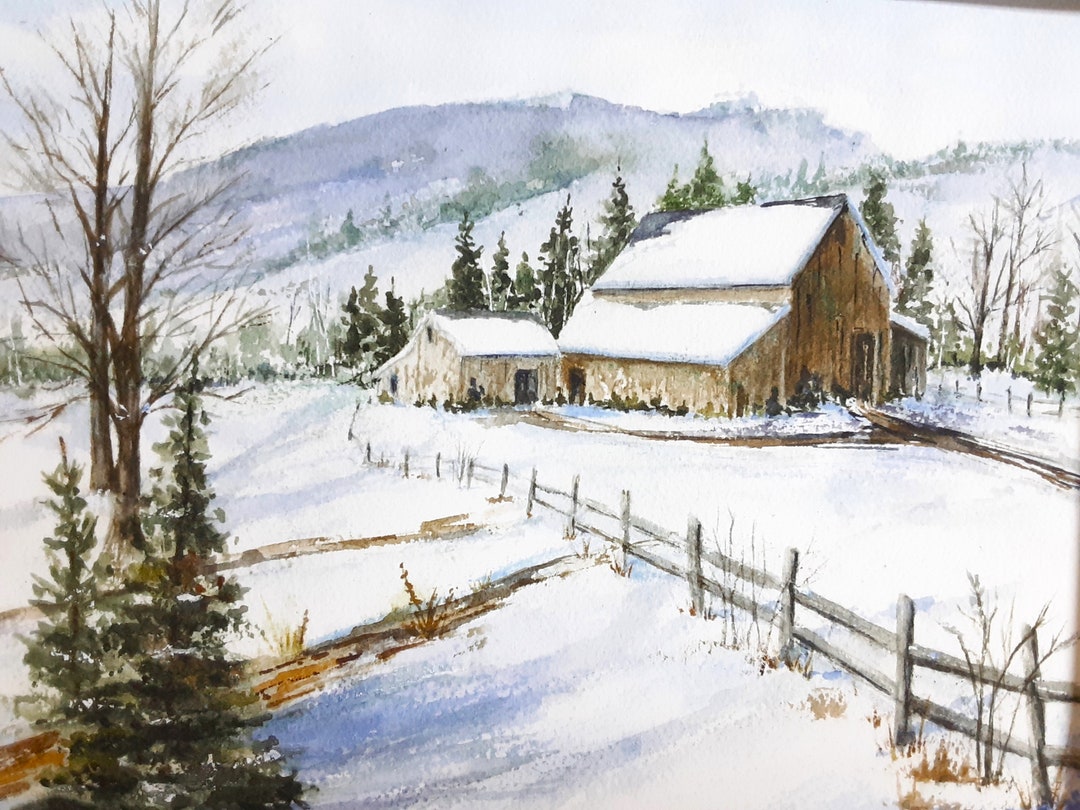 Farm Snow Scene, Watercolor Print, New England Winter Landscape ...