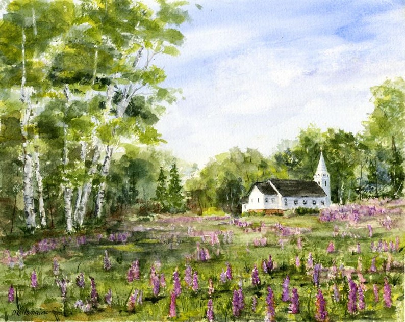 Church and Lupines Watercolor Landscape, Giclee Print of Original, Lupines in New Hampshire, Farmhouse Decor, Wall Art, Housewarming Gift image 1