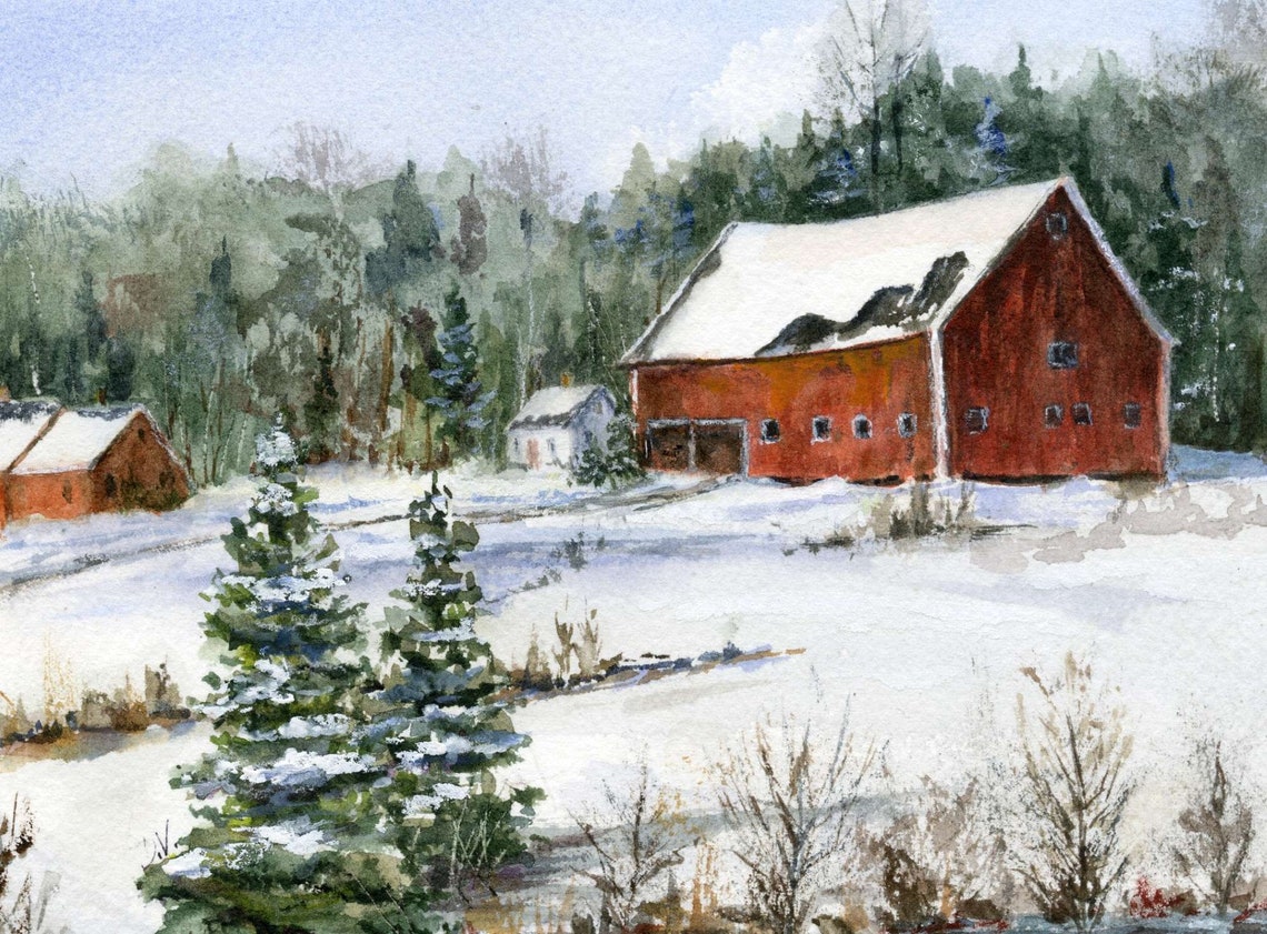 Barn in the Snow Watercolor Print, Red Barn Snow Scene, Winter Farm ...