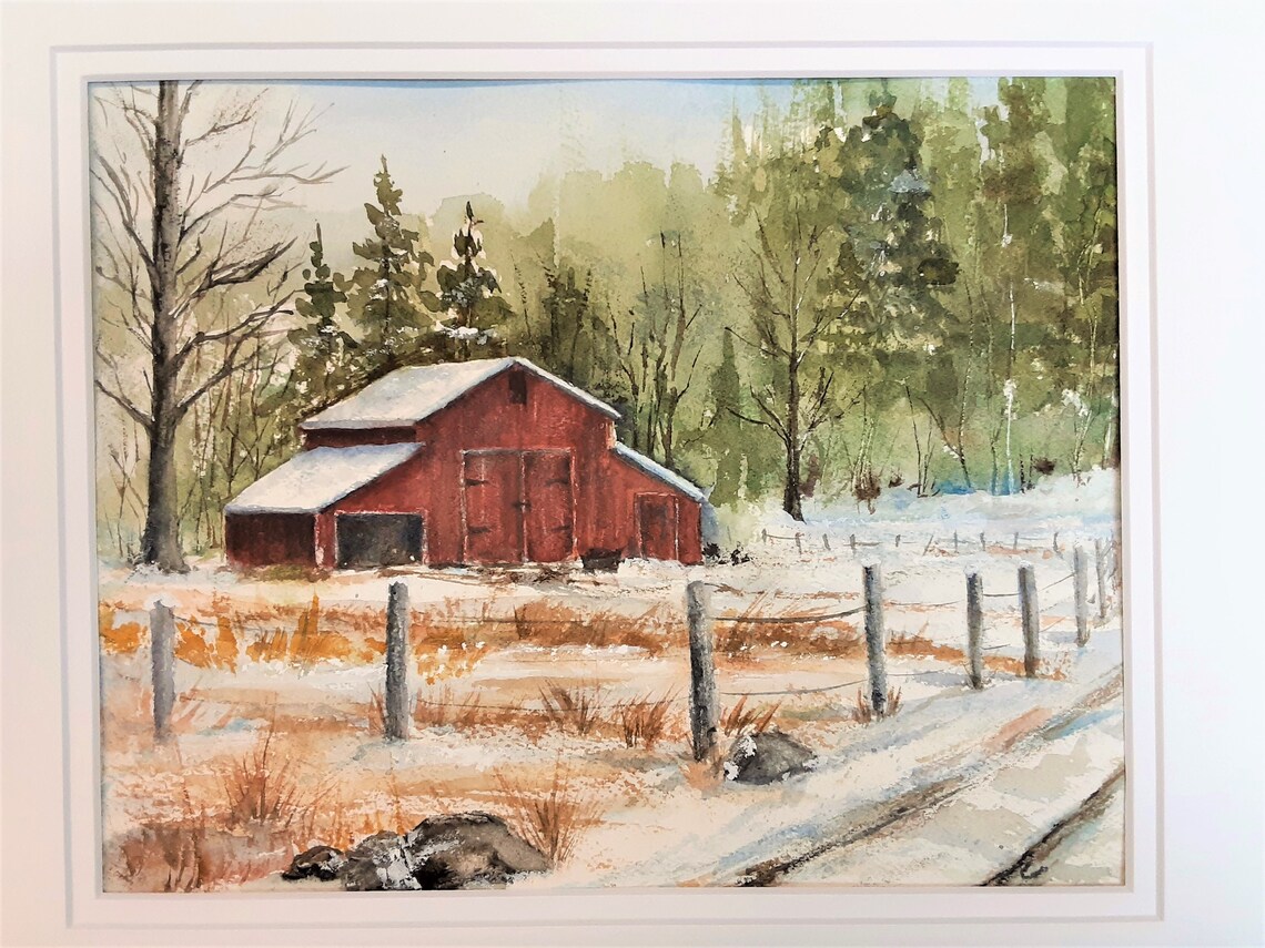 Red Barn Snow Scene Watercolor Print, New England Winter Landscape ...
