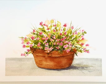 Clay Flower Pot, Watercolor Print, Giclee Print of Original Painting, Pink Flowers in a Clay Pot, Country Artwork, Small Flower Print