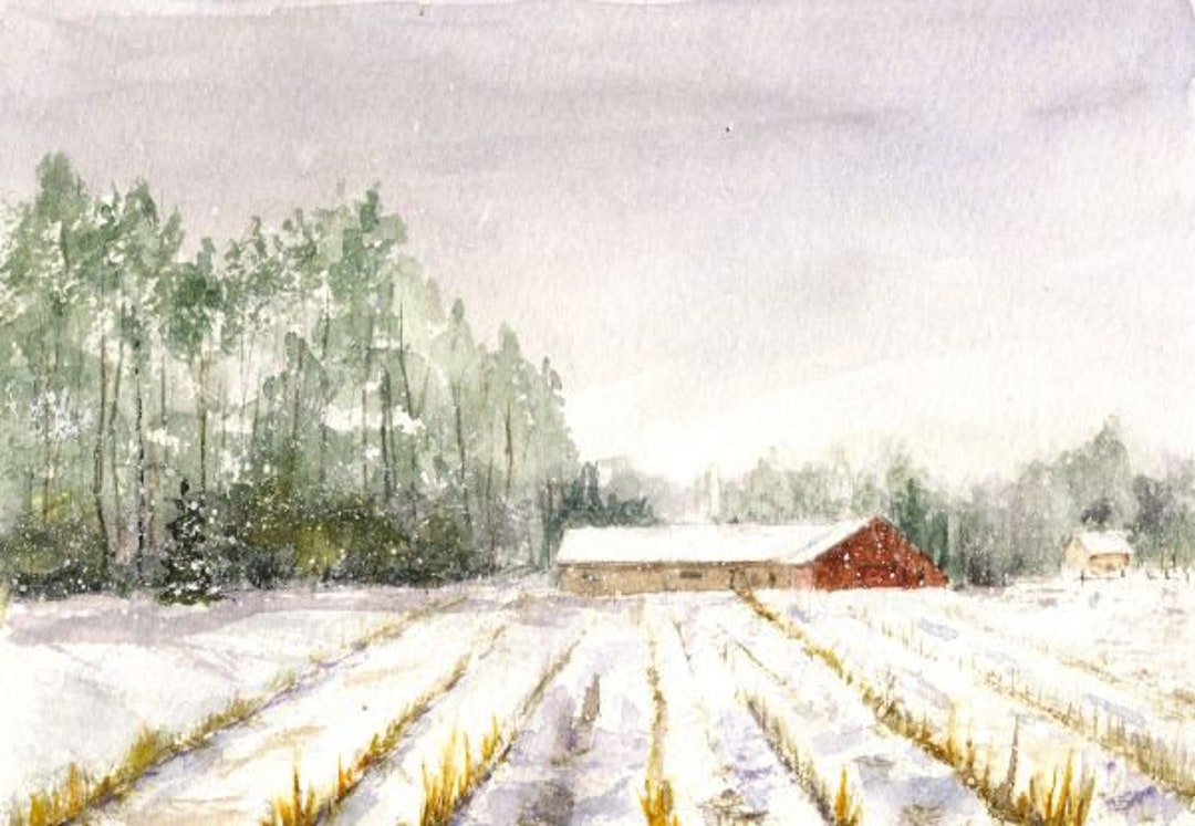 Winter Snow Scene on the Farm, Watercolor Print of Original, Snowy Day ...