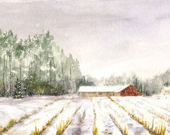 Winter Snow Scene on the Farm, Watercolor Print of Original, Snowy Day, Barn in the Snow, Farmhouse Wall Art, Home Decor