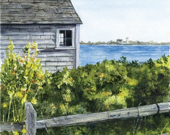 Chatham Cape Cod Watercolor Print, Stage Harbor Lighthouse in the Distance, Weathered Fence, Cape Cod Painting, Cottage on Cape Cod, Coastal