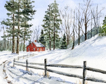 Snow Scene Watercolor Print of Original, Christmas Art, Archival Giclee, Winter Landscape, Holiday Wall Art