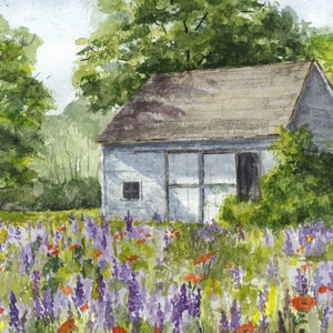 Watercolor Landscape Print, White Barn, Farmhouse Decor, White Barn, Lupine Flowers, Wall Art, Christmas Gift, Housewarming Gift