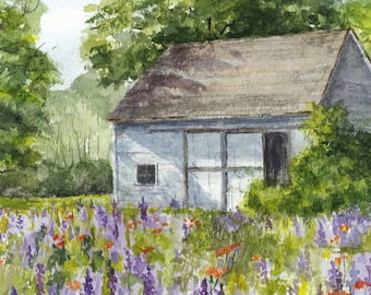 Watercolor Landscape Print, White Barn, Farmhouse Decor, White Barn, Lupine Flowers, Wall Art, Christmas Gift, Housewarming Gift