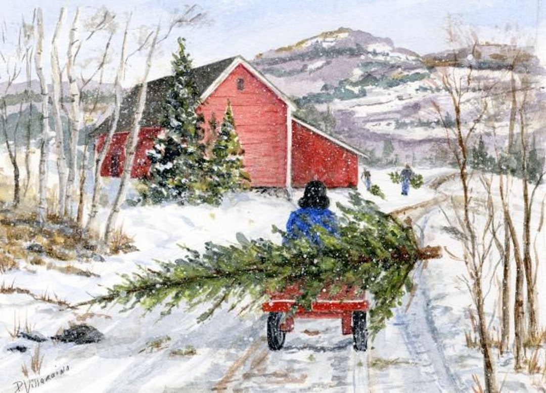 Christmas Tree Art Print, Bringing Home the Tree, Swedish Tree Farm