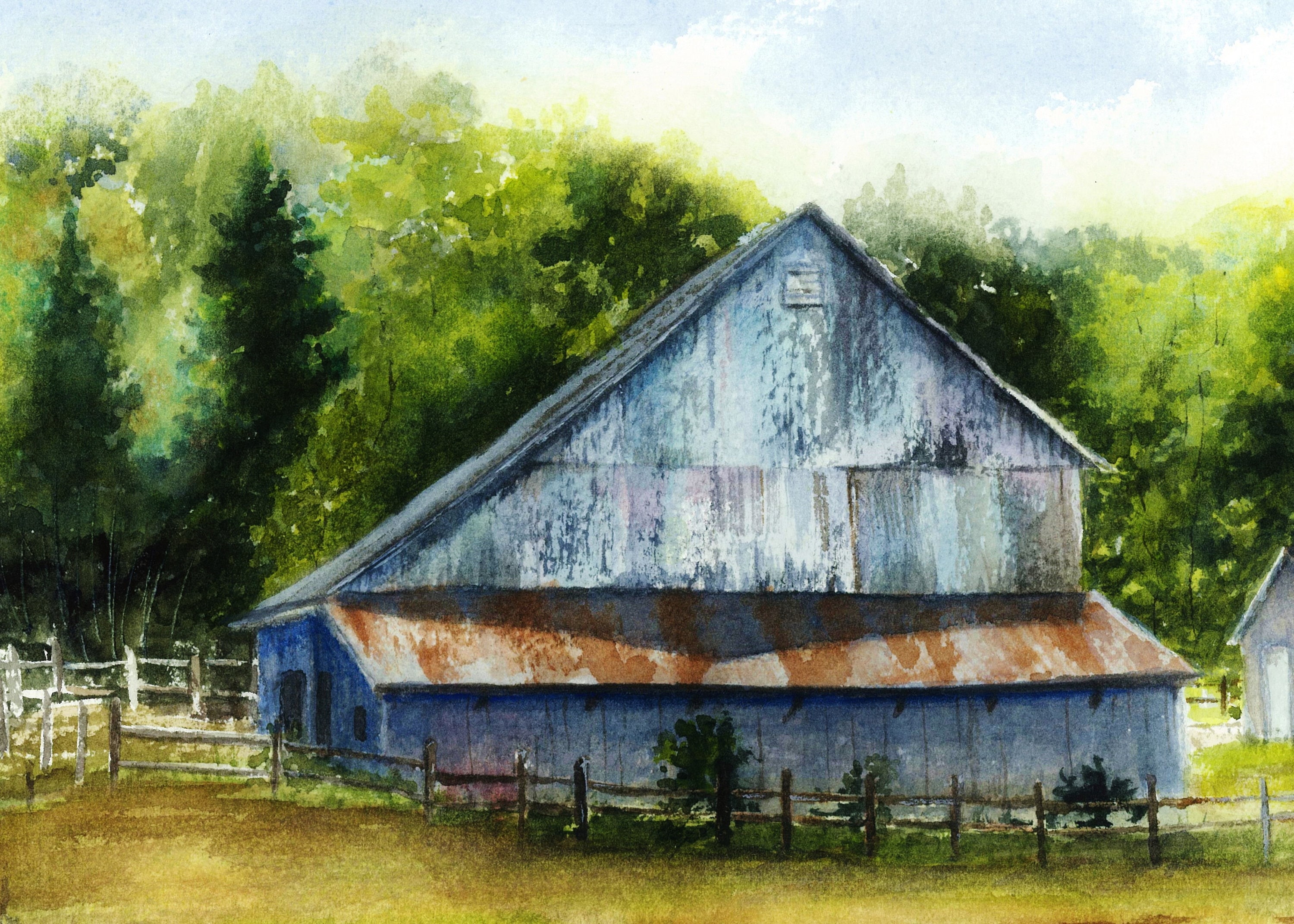 Watercolor Print of Weathered Barn Landscape Painting Giclee | Etsy