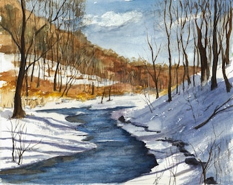 Watercolor Print Winter Landscape, Snow Scene, Watercolor Landscape, Snowy Woods and Creek, Watercolor Painting, Giclee Print