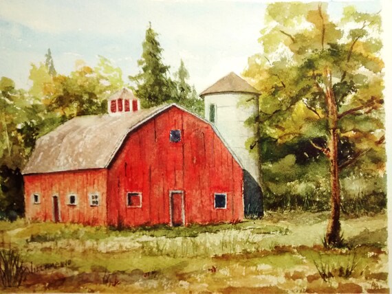 Print Of Original Watercolor Painting Red Barn Weathered Etsy