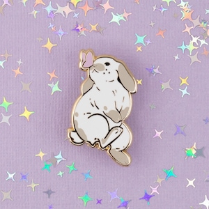 Lop Bunny with Butterfly Hard Enamel Pin - Gold, White, Grey, Purple - Bunny Rabbit Lapel Pin Cloisonné Badge