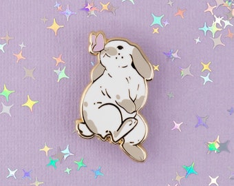 Lop Bunny with Butterfly Hard Enamel Pin - Gold, White, Grey, Purple - Bunny Rabbit Lapel Pin Cloisonné Badge