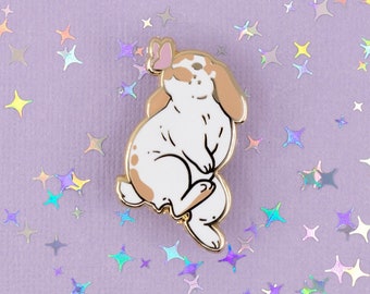 Lop Bunny with Butterfly Hard Enamel Pin - Gold, White, Brown, Pink - Bunny Rabbit Lapel Pin Cloisonné Badge