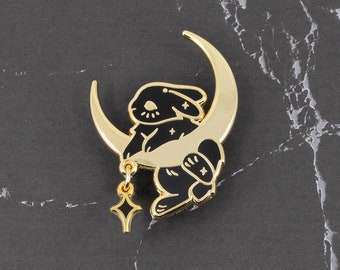 Moon Rabbit Hard Enamel Pin - Gold, Black - Bunny Rabbit Lapel Pin Cloisonné Badge Star Charm