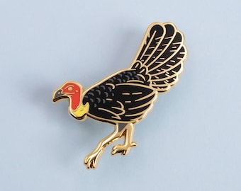 Bush Turkey Australian Bird Hard Enamel Pin - Black White Red Gold - Brooch, Badge, Jewellery, Lapel, Lanyard, Brushturkey, Gweela