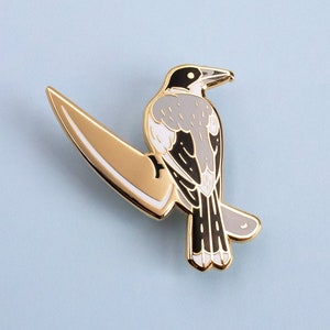 Grey Butcherbird Australian Bird Hard Enamel Pin - Black White Grey Gold - Lapel Pin Cloisonné Badge