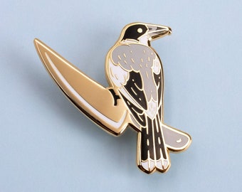 Grey Butcherbird Australian Bird Hard Enamel Pin - Black White Grey Gold - Lapel Pin Cloisonné Badge