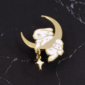Moon Rabbit Hard Enamel Pin - Gold, White - Bunny Rabbit Lapel Pin Cloisonné Badge Star Charm