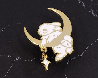 Moon Rabbit Hard Enamel Pin - Gold, White - Bunny Rabbit Lapel Pin Cloisonné Badge Star Charm