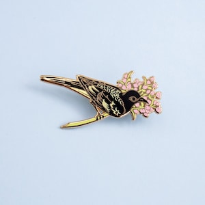 Regent Honeyeater Australian Bird Hard Enamel Pin - Black Yellow Green Pink & Gold - Brooch, Badge, Jewellery, Lapel, Lanyard, Aussie Gift