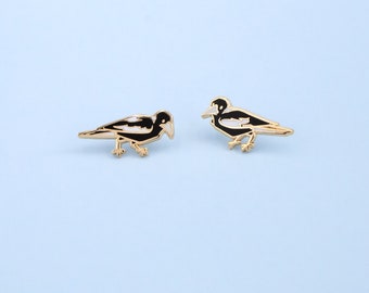 Magpie Australian Bird Hard Enamel Mini Pin - Black Grey White and Gold - Brooch, Badge, Jewellery, Lapel, Lanyard, Collar Set, Cute Gift