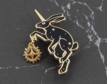 Al-Mi'raj Mythical Rabbit Hard Enamel Pin - Gold, Black - Bunny Rabbit Lapel Pin Cloisonné Badge Mythology Moon Star Charm